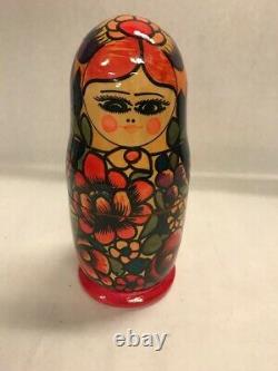 Set 7 Matryoshka Russian Nesting Dolls Hand Painted red flowered Vintage