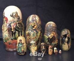Set Of 10 Russian Nesting Dolls, Three Guards, Ivan & Grey Wolf, Fairytale