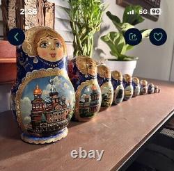 Set Of 10 Vintage Signed Russian Babushka Matryoshka Nesting dolls Gold Painted