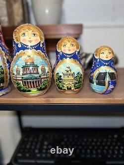 Set Of 10 Vintage Signed Russian Babushka Matryoshka Nesting dolls Gold Painted