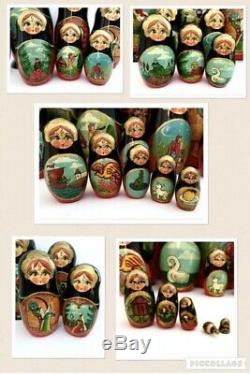 Set Of 20 Vintage 1994 Russian Nesting Dolls Large Wooden Fine Art Fairy Tale