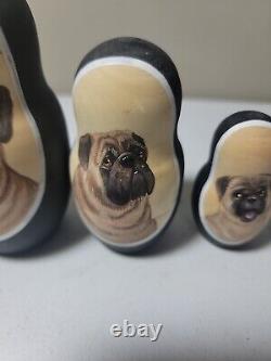 Set Of 5 Vintage Authentic Russian Nesting Dolls -Handpainted-Pug-Dogs-2002