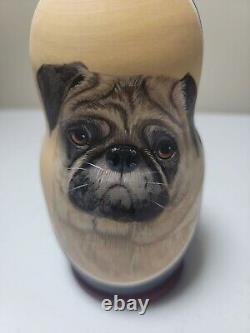 Set Of 5 Vintage Authentic Russian Nesting Dolls -Handpainted-Pug-Dogs-2002