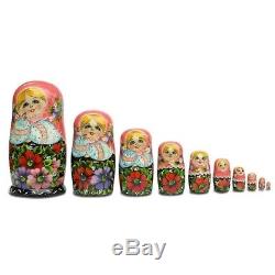Set of 10 Girl in Pink Scarf and Embroidered Blouse Russian Nesting Dolls 11 Inc