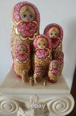 Set of 10 Matryoshka Russian Nesting Dolls Traditional 1980s Gold Painted