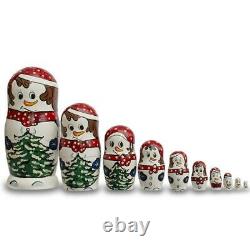 Set of 10 Snowmen with Christmas Tree Wooden Nesting Dolls 10.25 Inches