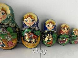 Set of 10 unique Russian Matryoshka hand painted wooden nesting dolls