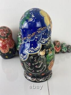 Set of 10 unique Russian Matryoshka hand painted wooden nesting dolls