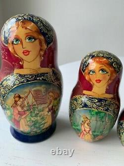 Set of 5 Russian Fairytale Princess Painted Matryoshka Nesting Dolls Signed