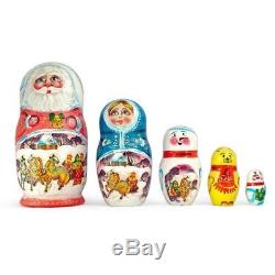 Set of 5 Santa with Friends Wooden Russian Nesting Dolls 6.5 Inches