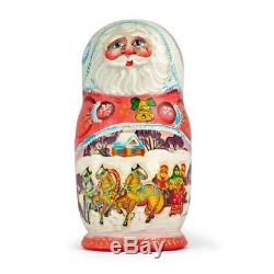Set of 5 Santa with Friends Wooden Russian Nesting Dolls 6.5 Inches