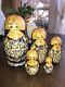 Set Of 5 Signed Russian Matryoshka Purple & Gold Hand Painted Nesting Dolls