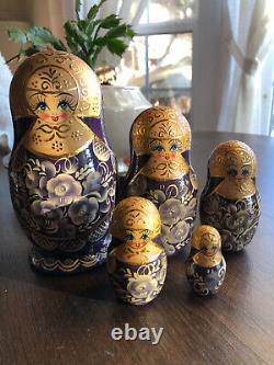 Set of 5 Signed Russian Matryoshka Purple & Gold Hand Painted Nesting Dolls