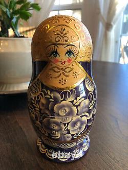 Set of 5 Signed Russian Matryoshka Purple & Gold Hand Painted Nesting Dolls