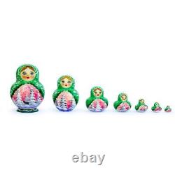 Set of 6 Horse in Winter Forest Green Dress Nesting Dolls 6 Inches