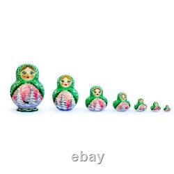 Set of 6 Horse in Winter Forest Green Dress Russian Nesting Dolls 6 Inches