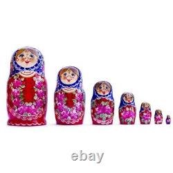 Set of 7 Blue Scarf Red Dress Nesting Dolls 8.5 Inches