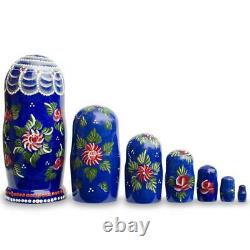 Set of 7 Embossed Strawberries on Blue Dress Russian Nesting Dolls 8.5 Inches