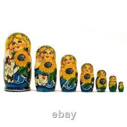 Set of 7 Girls with Cat in Blue Dress Russian Nesting Dolls 8.5 Inches