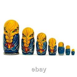 Set of 7 Girls with Cat in Blue Dress Russian Nesting Dolls 8.5 Inches