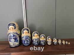 Signed 10-Piece Russian Matryoshka 11? Blue Gzhel Folk Tale Scenes