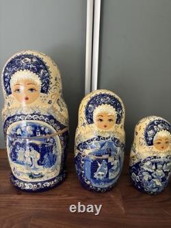 Signed 10-Piece Russian Matryoshka 11? Blue Gzhel Folk Tale Scenes