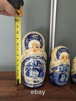 Signed 10-Piece Russian Matryoshka 11? Blue Gzhel Folk Tale Scenes