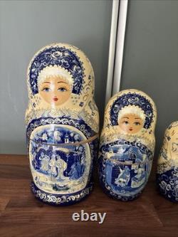 Signed 10-Piece Russian Matryoshka 11? Blue Gzhel Folk Tale Scenes