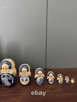 Signed 10-Piece Russian Matryoshka 11? Blue Gzhel Folk Tale Scenes