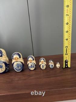 Signed 10-Piece Russian Matryoshka 11? Blue Gzhel Folk Tale Scenes