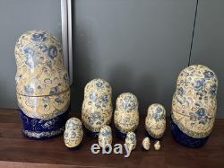 Signed 10-Piece Russian Matryoshka 11? Blue Gzhel Folk Tale Scenes