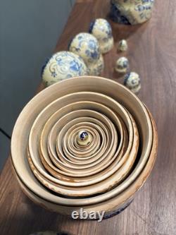 Signed 10-Piece Russian Matryoshka 11? Blue Gzhel Folk Tale Scenes