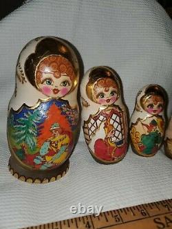 Signed Antique Matryoshka Russian Nesting Dolls Wood Burned 22k Gold hand paint
