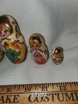 Signed Antique Matryoshka Russian Nesting Dolls Wood Burned 22k Gold hand paint