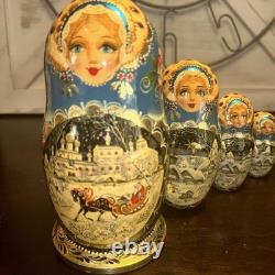 Signed Handmade Matryoshka Santa Winter Wonderland Nesting Doll 5 Pce