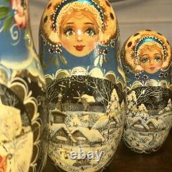Signed Handmade Matryoshka Santa Winter Wonderland Nesting Doll 5 Pce