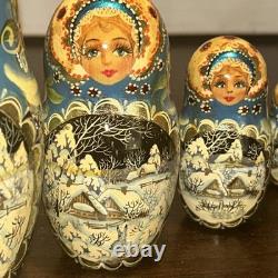 Signed Handmade Matryoshka Santa Winter Wonderland Nesting Doll 5 Pce