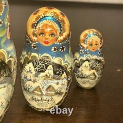 Signed Handmade Matryoshka Santa Winter Wonderland Nesting Doll 5 Pce