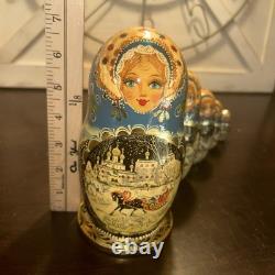 Signed Handmade Matryoshka Santa Winter Wonderland Nesting Doll 5 Pce