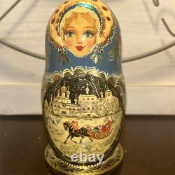 Signed Handmade Matryoshka Santa Winter Wonderland Nesting Doll 5 Pce