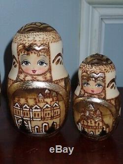 Signed Matryoshka Russian Nesting Dolls Wood Burned with Gold Architectural Motif