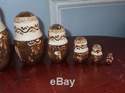 Signed Matryoshka Russian Nesting Dolls Wood Burned with Gold Architectural Motif