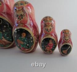 Signed Russian Fairy Tale MUSIC Matryoshka Nesting Dolls Set 5 1998