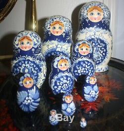 Signed Russian Matryoshka Nesting Doll 10 Pieces Stacking Dolls Blue