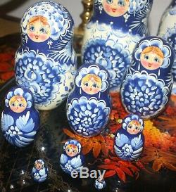 Signed Russian Matryoshka Nesting Doll 10 Pieces Stacking Dolls Blue