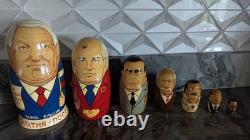 Signed Russian Political Nesting Dolls 7pc. Set, Yeltsin, Gorbachev, Lenin, Stalin
