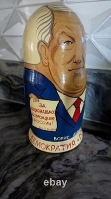 Signed Russian Political Nesting Dolls 7pc. Set, Yeltsin, Gorbachev, Lenin, Stalin