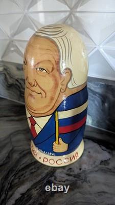 Signed Russian Political Nesting Dolls 7pc. Set, Yeltsin, Gorbachev, Lenin, Stalin
