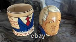 Signed Russian Political Nesting Dolls 7pc. Set, Yeltsin, Gorbachev, Lenin, Stalin