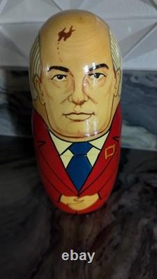 Signed Russian Political Nesting Dolls 7pc. Set, Yeltsin, Gorbachev, Lenin, Stalin